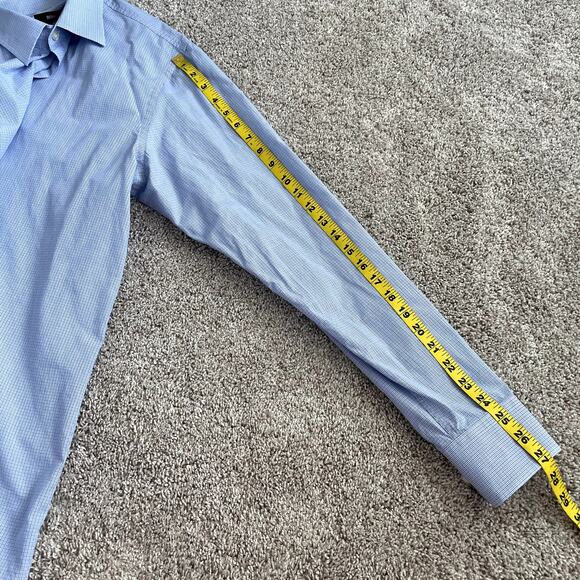 BOSS Hugo Boss Men's 17 (36/37) Blue Sharp Fit Classic Plaid Button Down Shirt - Picture 15 of 15